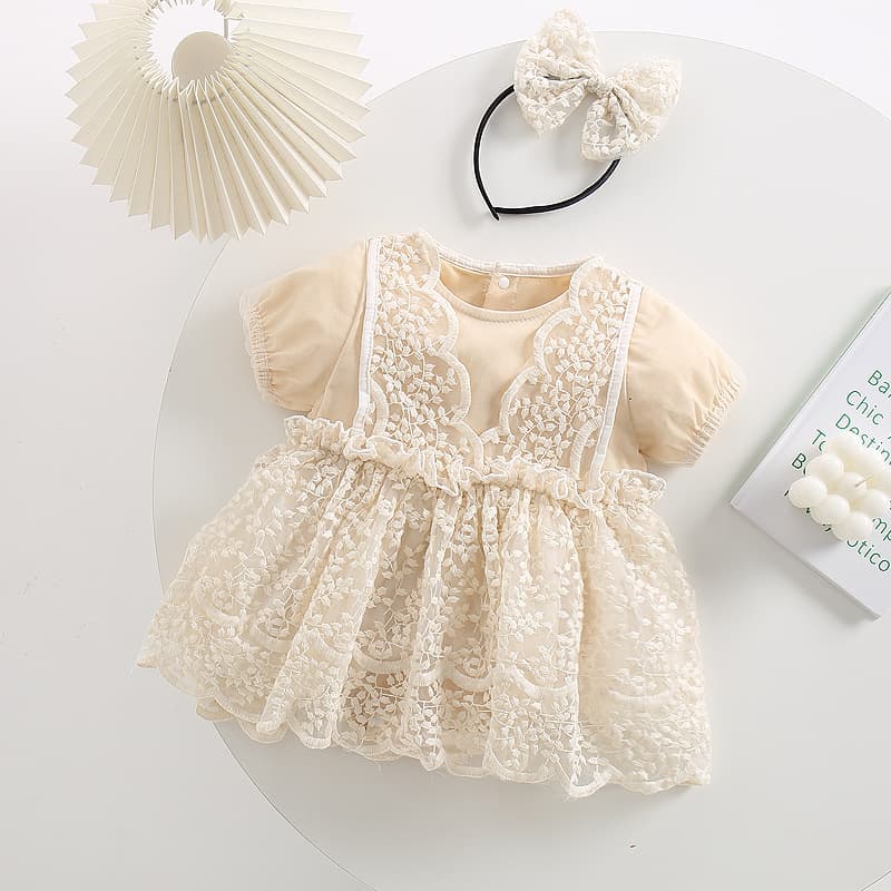 100 Days Baby Girl Short-Sleeve Dress Summer Outfit, Lace Mesh Infant Romper Dress, One-Month-Old Baby, Versatile