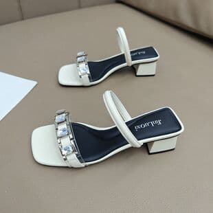Stunning High Heel Slide Sandals for Women Summer 2026 New Style with Dress French Rhinestone Chunky Heel One-Strap Sandals