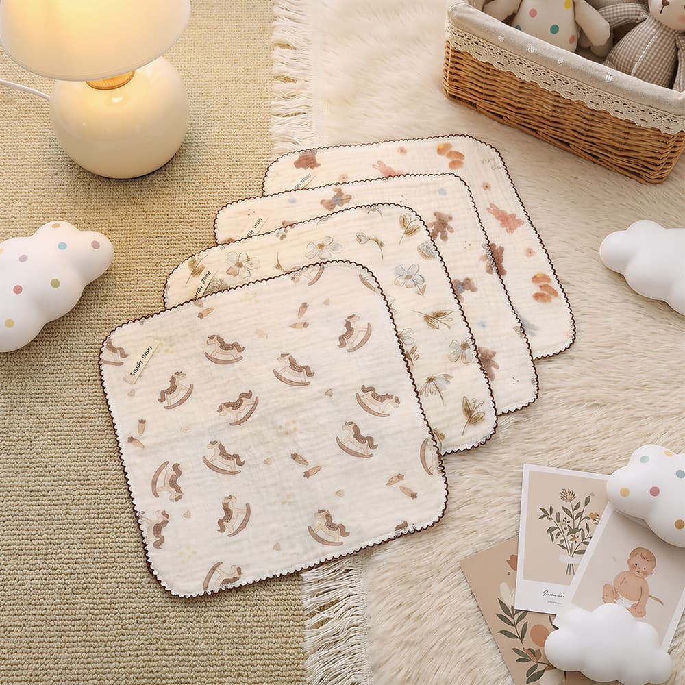 Double-Layer Gauze Square Bib Baby Gauze Wrapped Drool Bib 100% Cotton Class A Children's Printed Face Towel Hand Towel