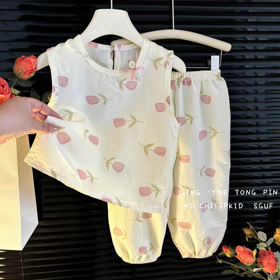 2025 Summer Girls' Style Anti-mosquito Pants Set Baby Girl Sleeveless Comfortable Casual Two-piece Set Children's Anti-mosquito Pants