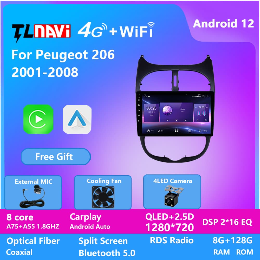 Cross-border Exclusive Fit for Peugeot 206 2001-2008 Car Android Large Screen All-Network GPS Navigation