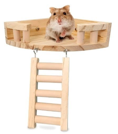 Hamster Platform with Ladder, Solid Wood Two-Tier Fan-Shaped Platform, Climbing Ladder for 60-Cage and 47-Cage, Wooden Platform