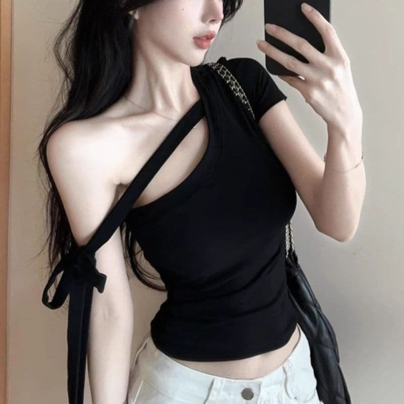 Cross-border Wholesale Korean New Pure Sweet Sexy Off-Shoulder Short Sleeve T-Shirt for Women Summer Trendy Tie-Up Slim Crop Top