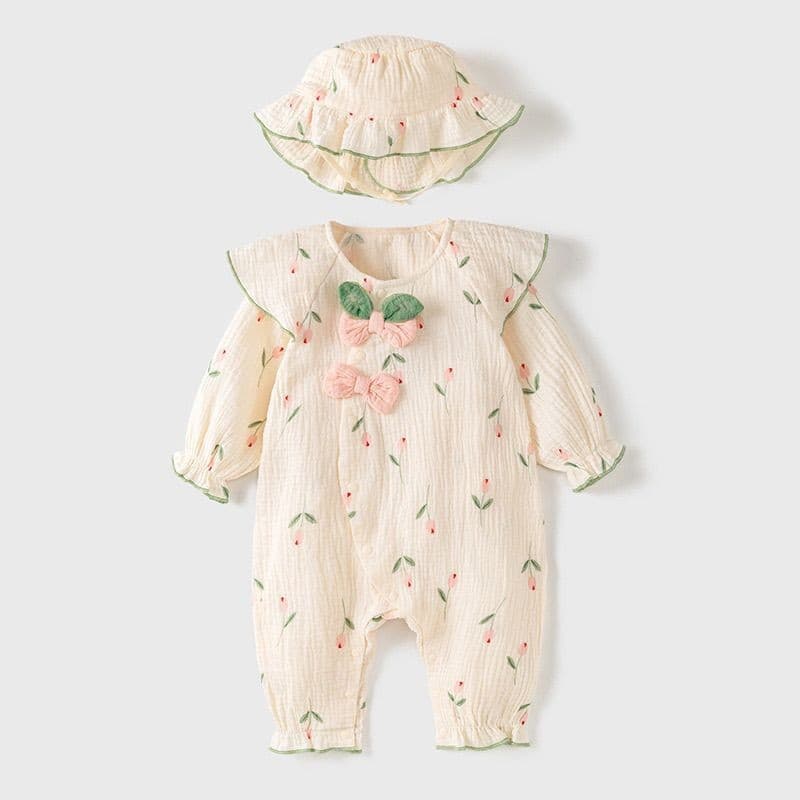 Infant and toddler princess style spring and autumn pastoral floral hooded long-sleeved jumpsuit for baby girls super cute outdoor romper