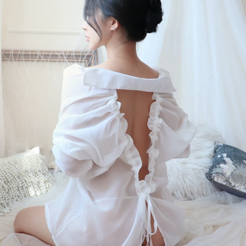 Long Night Lingerie Sexy Open Back Boyfriend Shirt Sheer Temptation Pajamas Chiffon Shirt Plus Size 1056