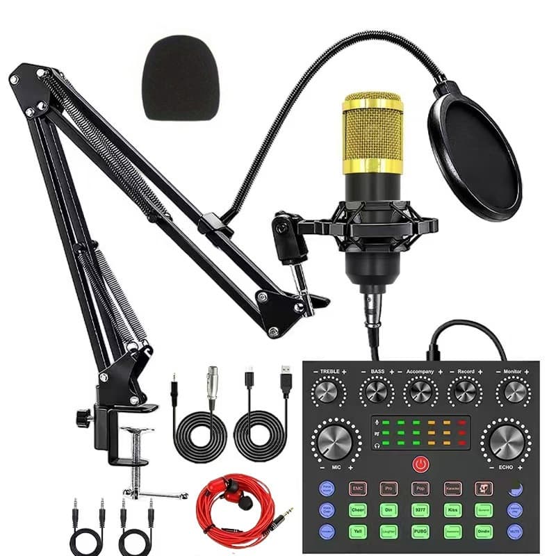 V8S English Live Streaming Sound Card Microphone, Compatible with BM800 Boom Arm Set, Live Streaming Sound Card Podcast Full Kit TK
