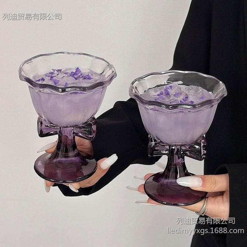 Creative Purple Bow Stemmed Glass Ins Style Cocktail Champagne Glass Fruit Wine Glass Cold Drink Coffee Cup