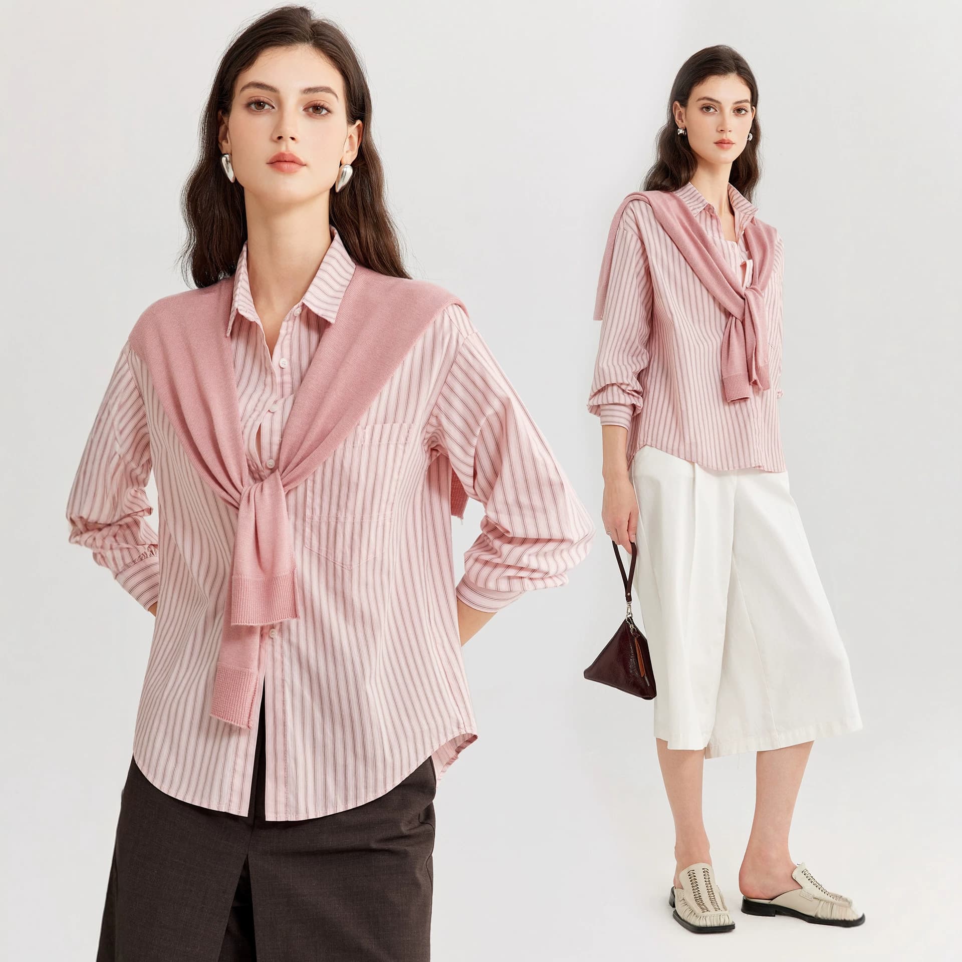 Knitted Shawl Stripe Shirt for Women Long Sleeve 2026 Autumn New Trendy Commuter Top Pink Lapel Blouse