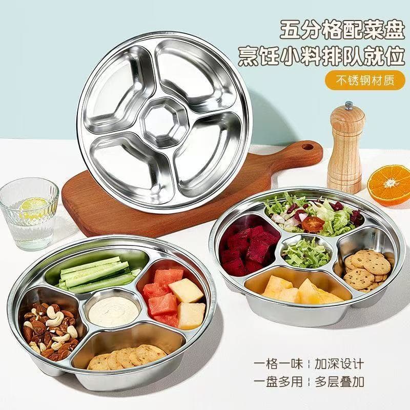 316L Stainless Steel Five-Compartment Serving Tray Home Vegetable Plate Fruit Snack Side Plate Deep Divided Serving Tray