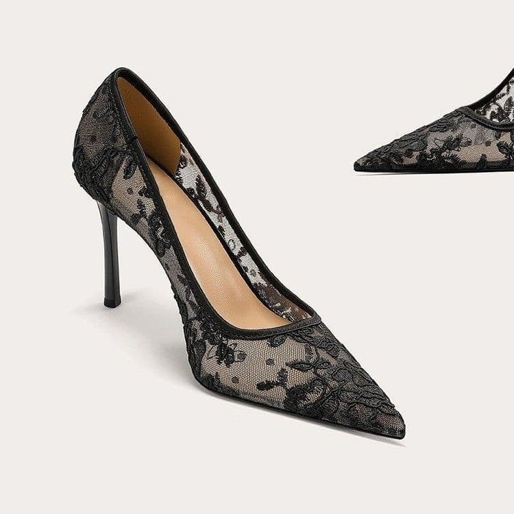 Black Lace Pointed Toe Stiletto Heels Women's Shallow Mouth Single Shoes Sexy Elegant Commute Versatile Breathable Mesh Style