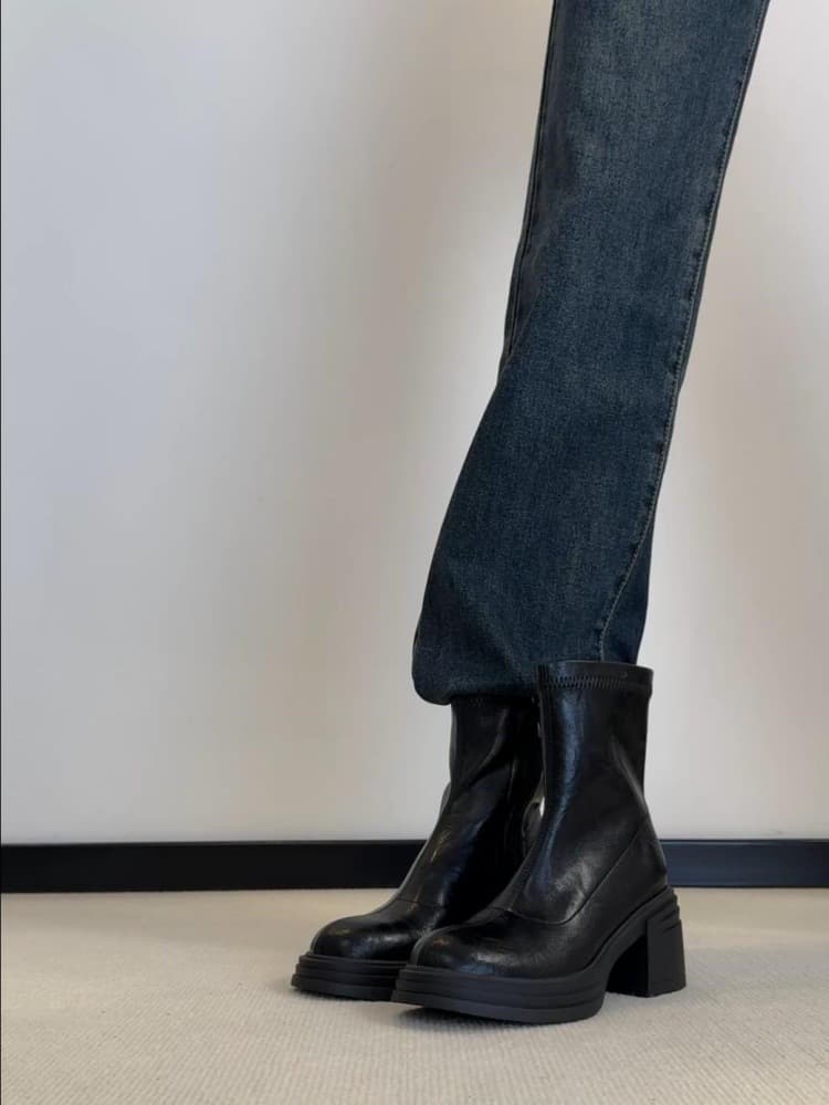 Sheepskin version~ Fashionable versatile slimming genuine leather chunky high heel Martin boots women's British style vintage side zipper slim boots