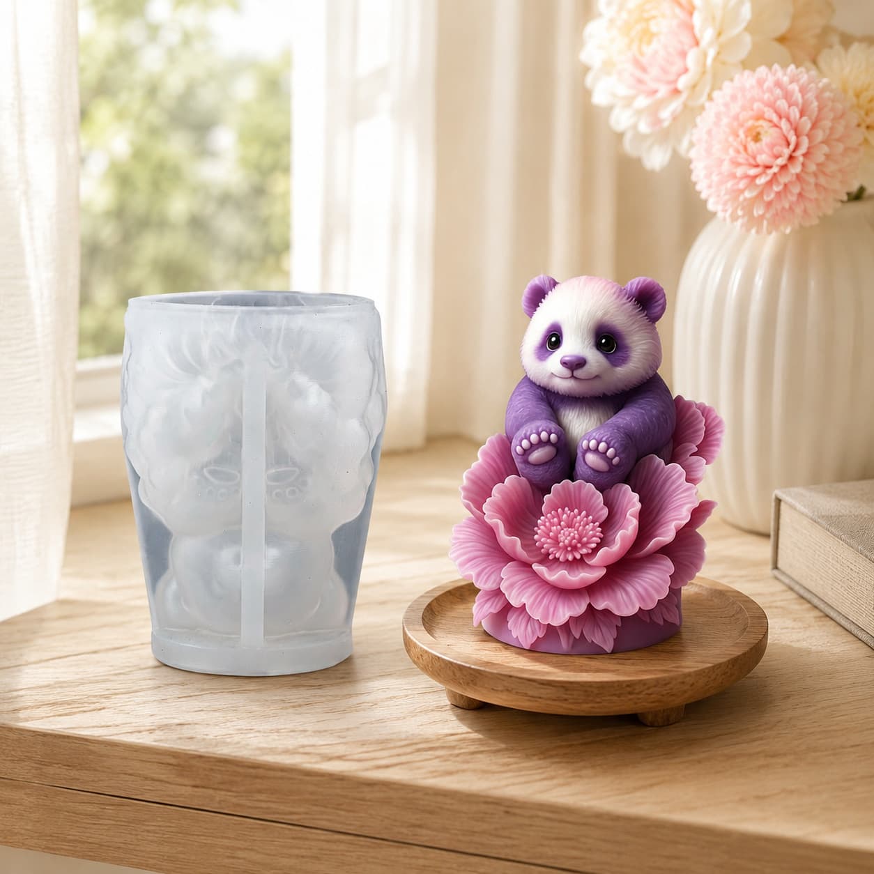 3D Peony and Panda Scented Candle Mold Cute Animal Flower Cylindrical Candle Silicone Mold