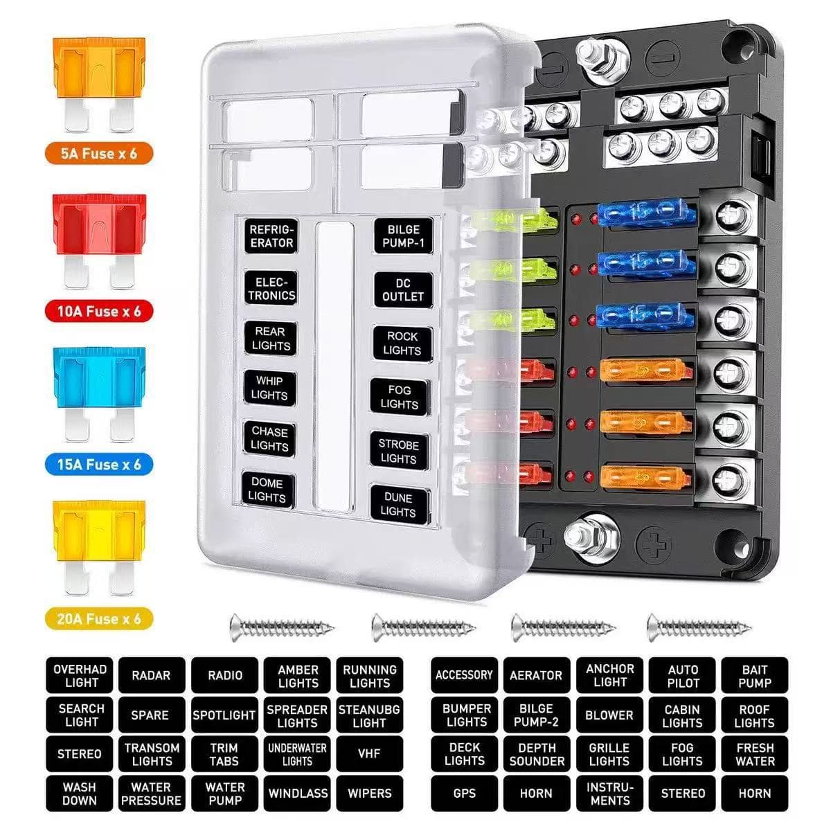 Car Fuse Box with Negative Terminal, Screw Type Multi-Way Fuse Box with LED Indicator, Boat and Vehicle Accessory
