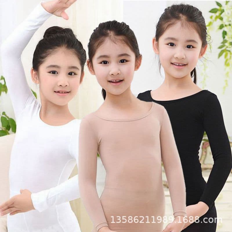 Spring and Autumn Boys and Girls Invisible Thin Tights Dance Suit Children's Flesh-Colored Underwear Set Bottoming Shirt Performance Costume White