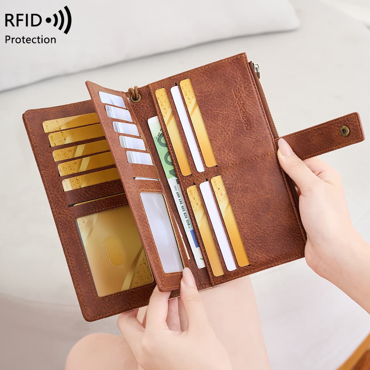 Cross-border RFID Anti-magnetic Women's Wallet Multi-card Slot Tri-fold Long Wallet European American Retro Clutch Anti-magnetic Anti-theft