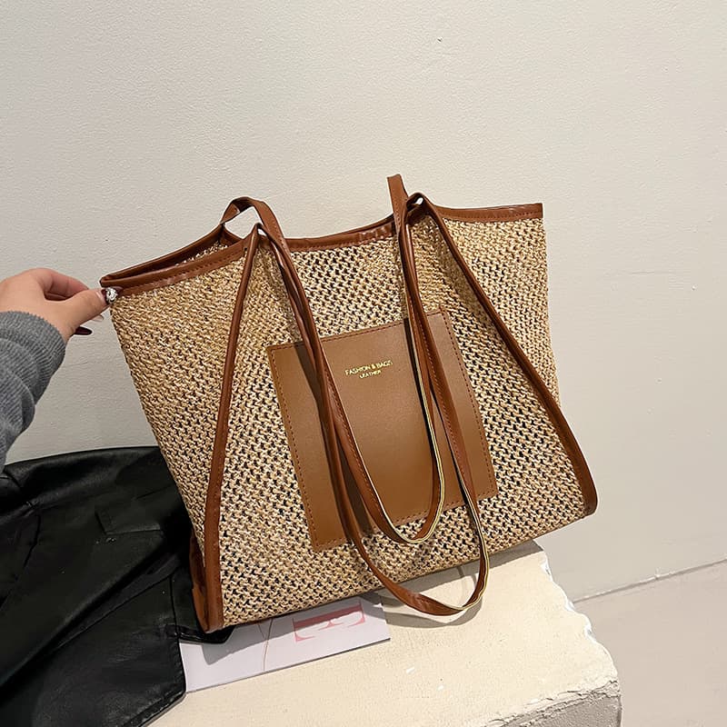 Ins Vintage Woven Tote Bag 2024 Vacation Style Straw Woven Bag Large Capacity Shoulder Bag Shopping Bag Beach Bag