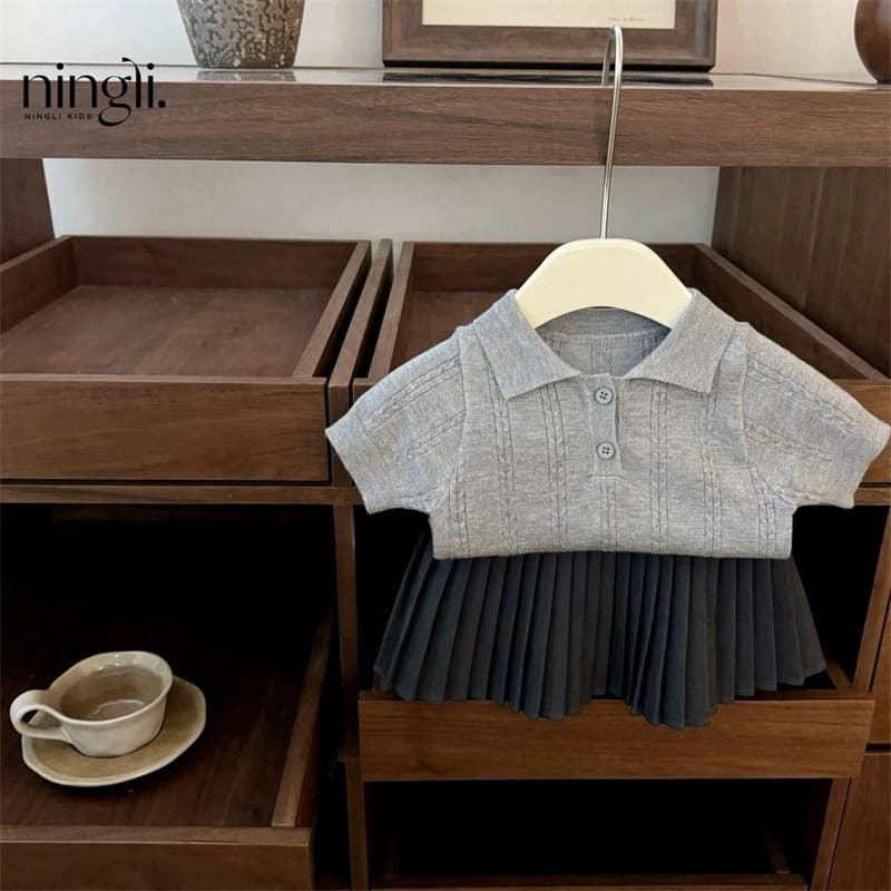 Ningli girls college style suit summer baby girl fashionable knitted short-sleeved POLO shirt pleated short skirt summer dress