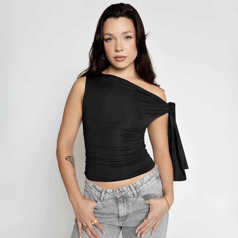 Y25TP554 European and American Style Cross-border Women's Fashion Autumn/Winter New Amazon Solid Color Off-shoulder Tie-knot Fitted Top