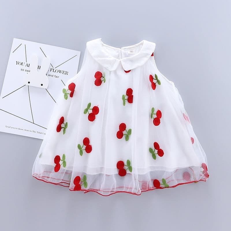Girls' Cherry Embroidered White Dress, Children's Princess Dress, Summer Dress, Sweet Doll Collar Sleeveless Vest Dress