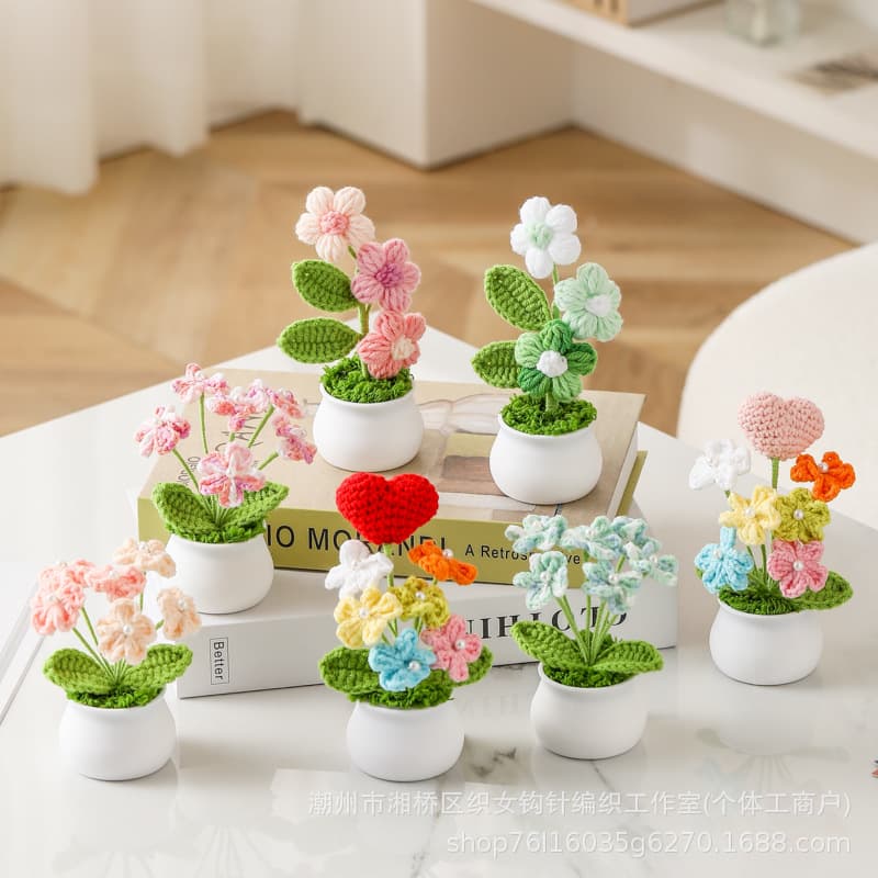 Cross-border Finished Yarn Potted Forget-Me-Not Puff Tree Handmade Knitted Small Potted Plant Office Desk Decoration Car Ornament Gift