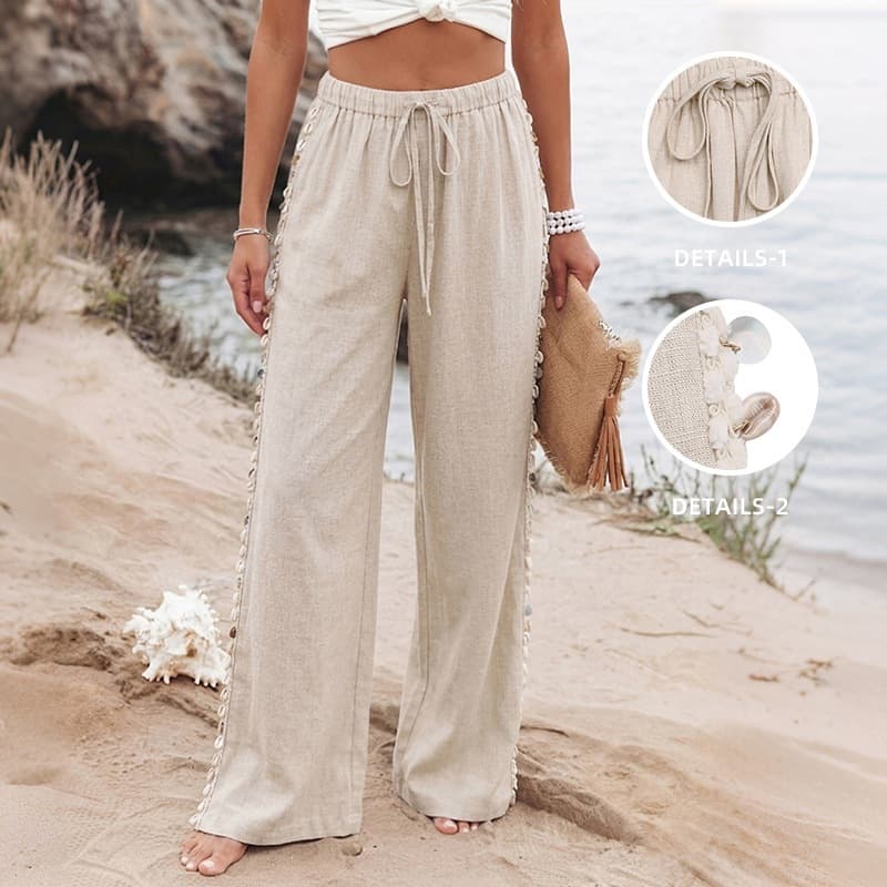 TEMU cross-border 2026 new bohemian seaside resort style apricot side shell decorated drawstring wide-leg pants
