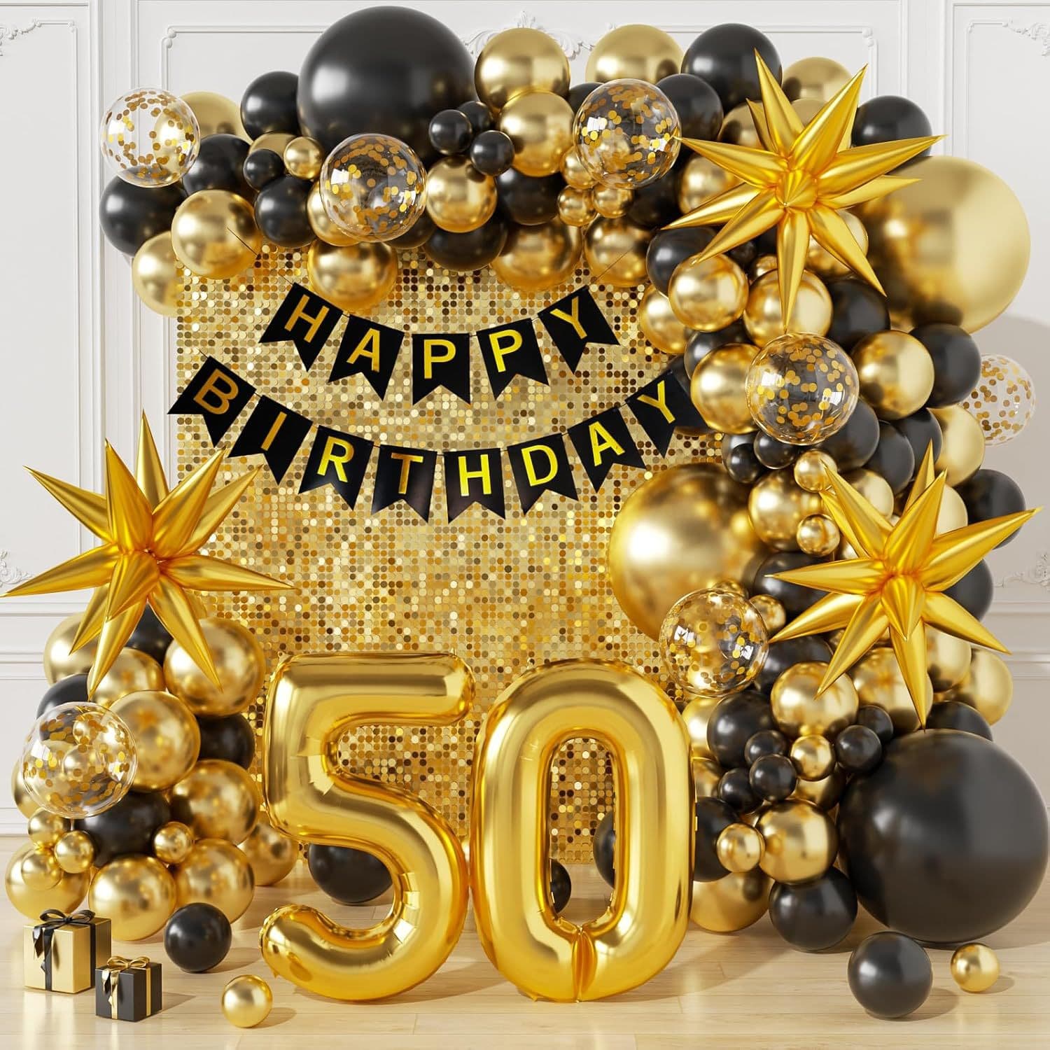 Black Gold 60th Birthday Balloon Kit 50th Birthday Happy Banner Number Balloon Arch Kit Round Shape Latex Balloons for All Scenes