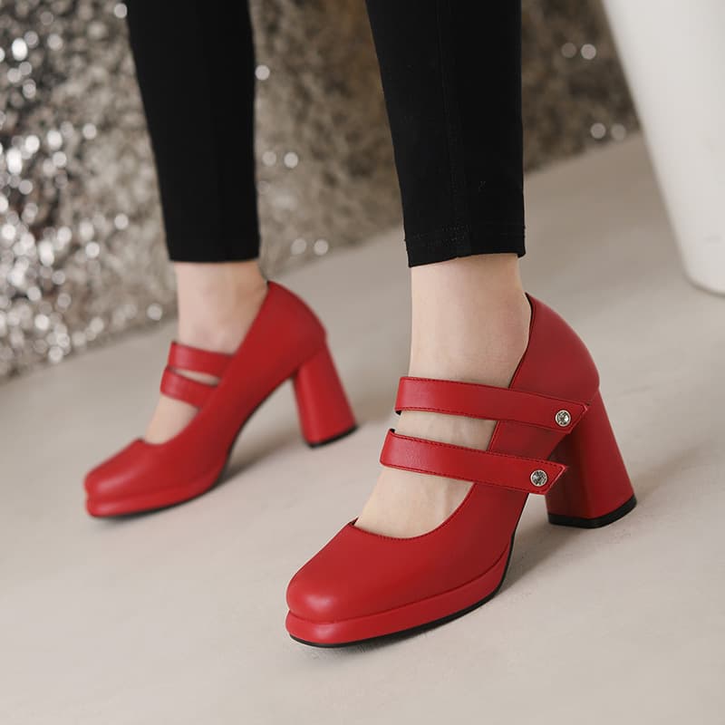 40-46 Spring/Summer Large Size Shallow High Heel Chunky Heel Women's Shoes with Platform, Low-Cut Buckle Strap Wedding Shoes G934