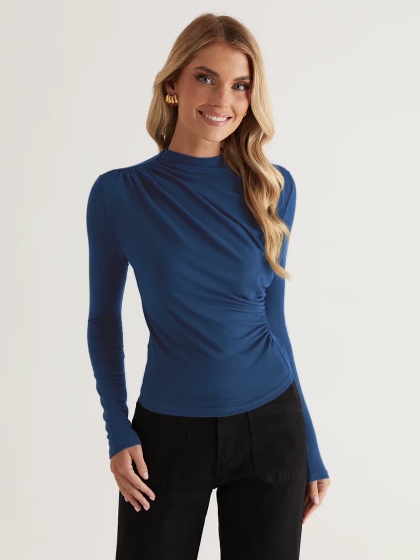 Amazon Y2K Women's Commuter Pleated Mock Neck T-Shirt Fashionable Slim Long Sleeve Regular Shoulder Solid Color Top