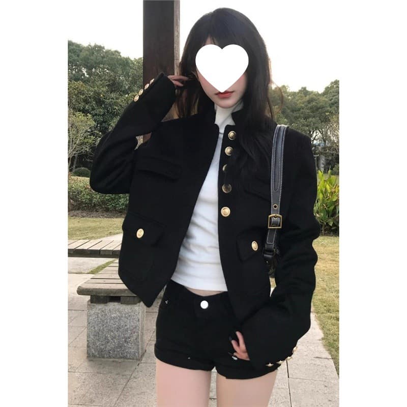 American Retro Cool Black Chanel-Style Short Jacket Women's 2025 Autumn New Casual Regular Shoulder Jacket Top