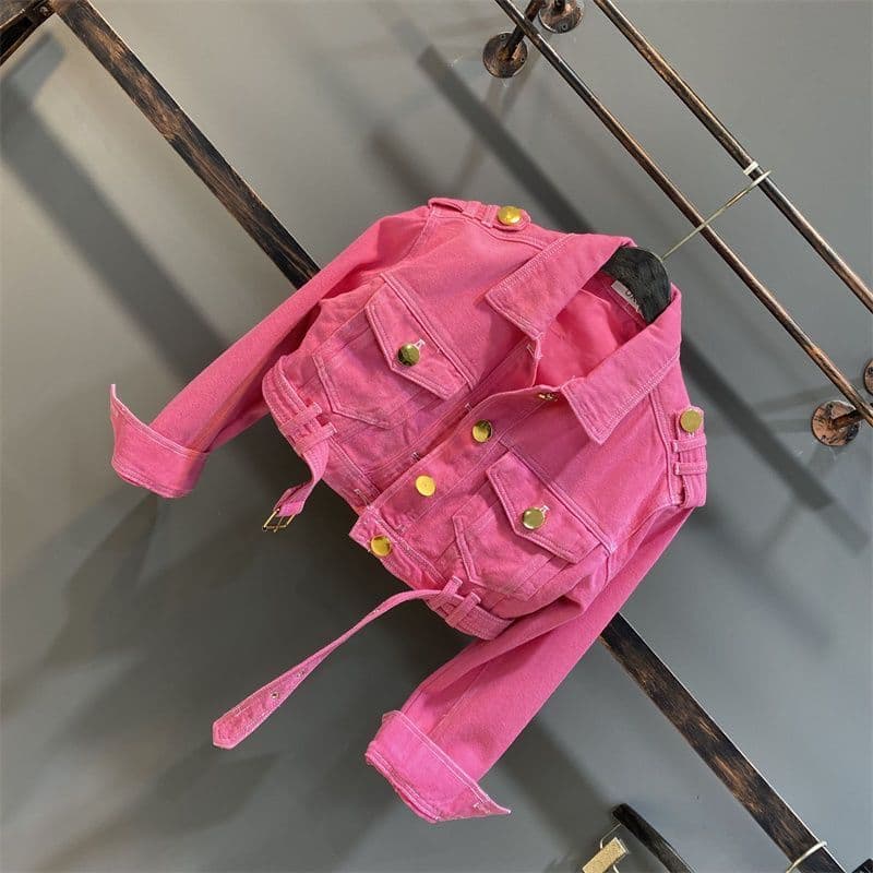 Girls' Rose Red Denim Jacket Spring Autumn New Solid Color Lapel Metal Button Children's Fashion Short Jacket Cotton