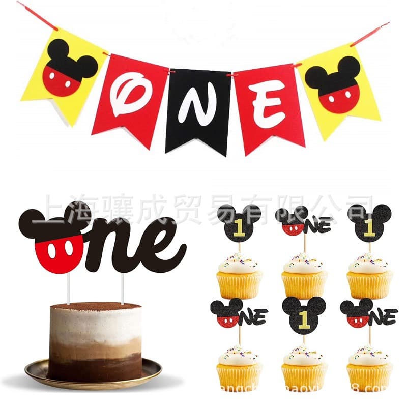 Manufacturer Supplies New Mickey, Minnie, and Mickey Mouse Themed Birthday Party Banners, Flags, and Baby One-Year-Old Cake Flags
