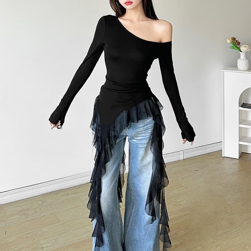 Cross-border European and American style 2025 spring new women's solid color slim-fit irregular wavy edge long-sleeved off-shoulder top