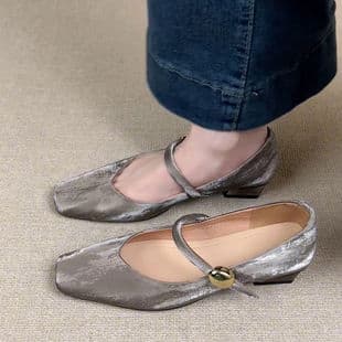 Sheepskin Version ~ French Retro Genuine Leather Ballet Flats for Women, One-Strap Buckle, Stunning Chunky Heel Square Toe Low-Cut Mary Jane Shoes