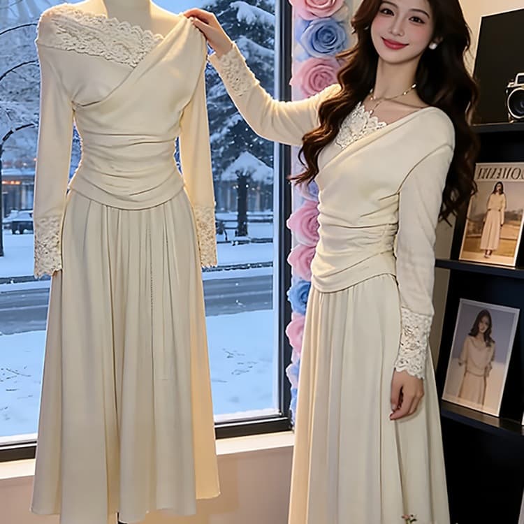 【Customizable Fleece】French Draped Neckline Lace Design Cross V-Neck Base Layer Slimming Top for Women Apricot