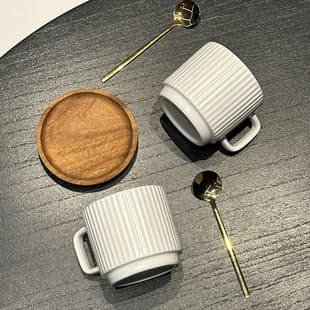 Vertical Stripe Ceramic Mug, Drinking Cup for Couples, Breakfast Cup, Striped Coffee Cup with Wooden Coaster, White Porcelain