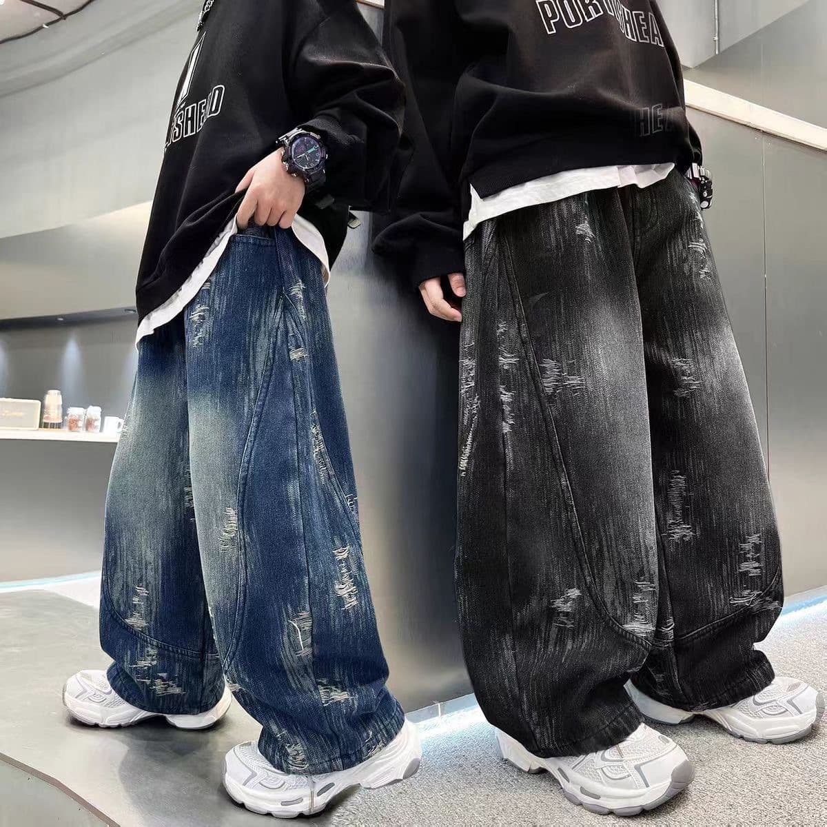 2026 New Style Boys Distressed Jeans Spring Autumn Punk Style Teen Wide-Leg Curved Knife Pants Casual Long Pants Trendy