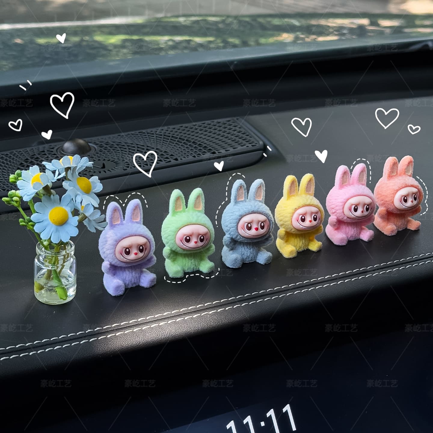 Car Decorative Plush Labubu Doll, Creative Mini Figurine for Dashboard Center Console Display