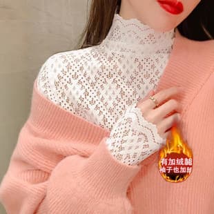 Fleece-Lined Lace Base Layer Top for Women, Fall/Winter 2025 New, High Neck, Long Sleeve, Premium, Ring Finger Detail