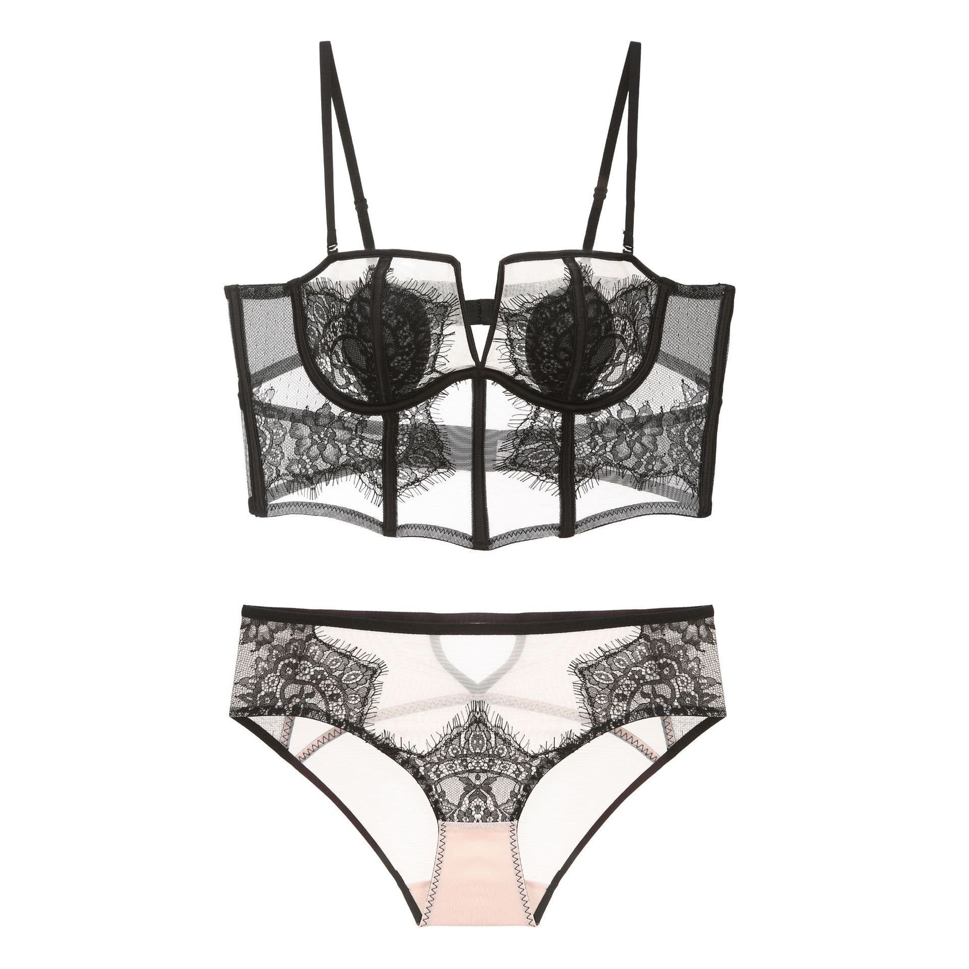 Sexy women's French eyelash lace soft underwire bra set, making large breasts appear smaller and featuring a beautiful back.