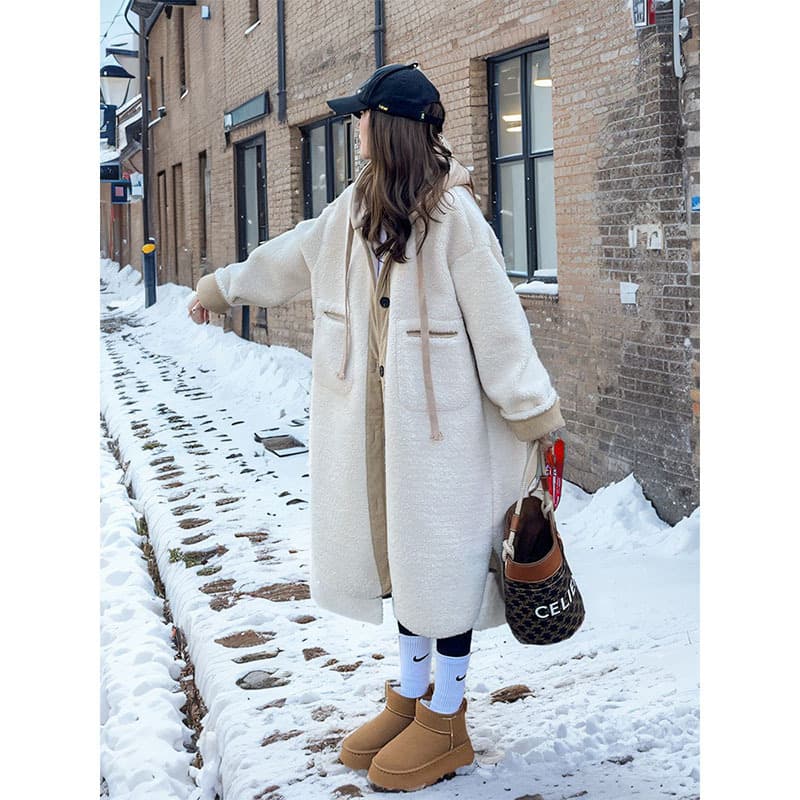 Off-white hooded 2026 imitation lamb wool coat for women autumn and winter loose lazy mid-length cotton coat plush coat trendy
