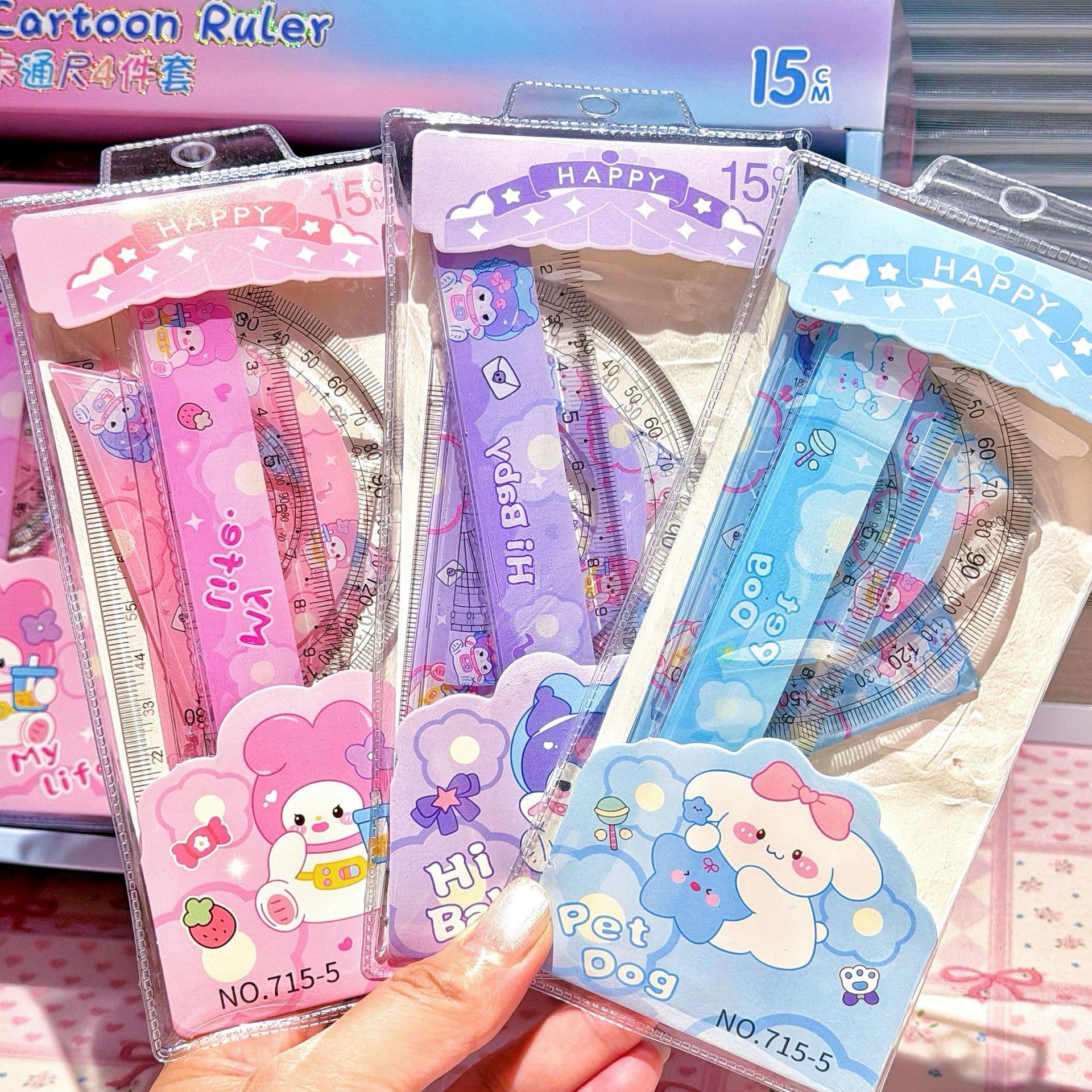 Cartoon Cute Colorful Cartoon Ruler Primary School Students Multifunctional Semi-circular Ruler Four-piece Set Children's Measuring Ruler Stationery