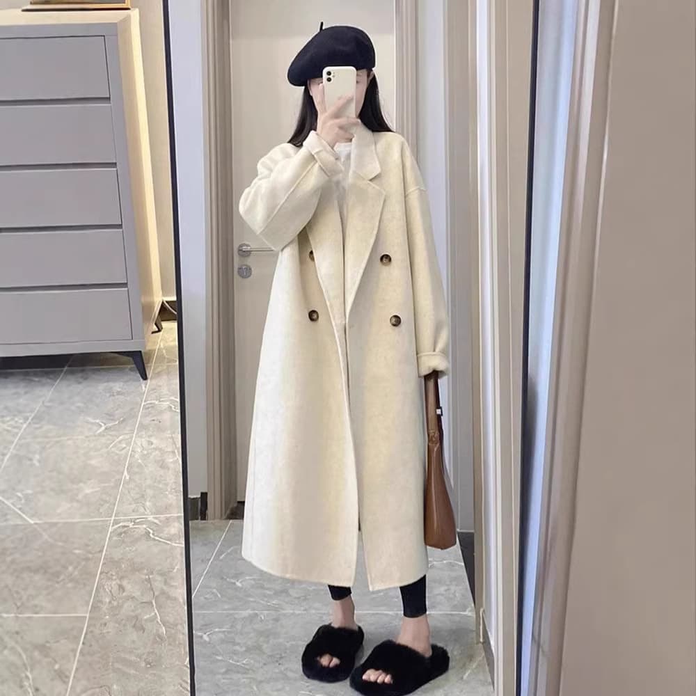 2025 Autumn and Winter New Hepburn Style Woolen Coat Women's Mid-Length Korean Style Loose Feeling Woolen Coat