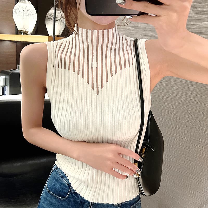 2025 New Patchwork Inner Tight Sleeveless Early Autumn Half High Neck Hollow Knit Sweater Mesh Vest Top for Women