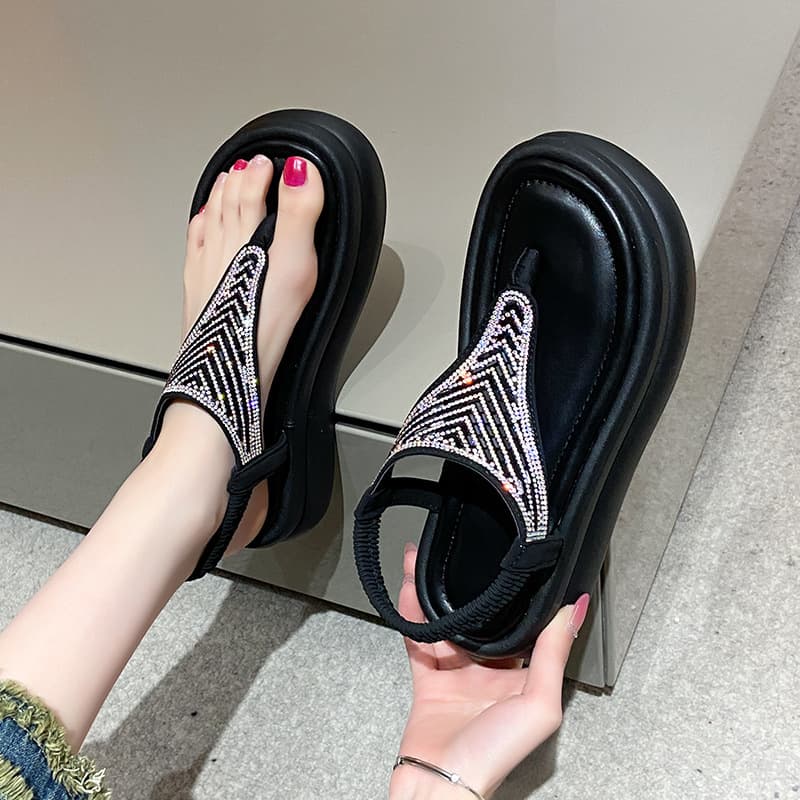 TEH3812 Rhinestone Flat Bottom Toe-Post Sandals for Women 2025 Summer Outdoor Wear Niche Fashion High-End Design with Skirts