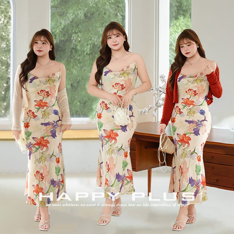 Runqi's large-size flamboyant flower swing collar bias-cut fishtail suspender skirt 9284 French large flower fishtail dress