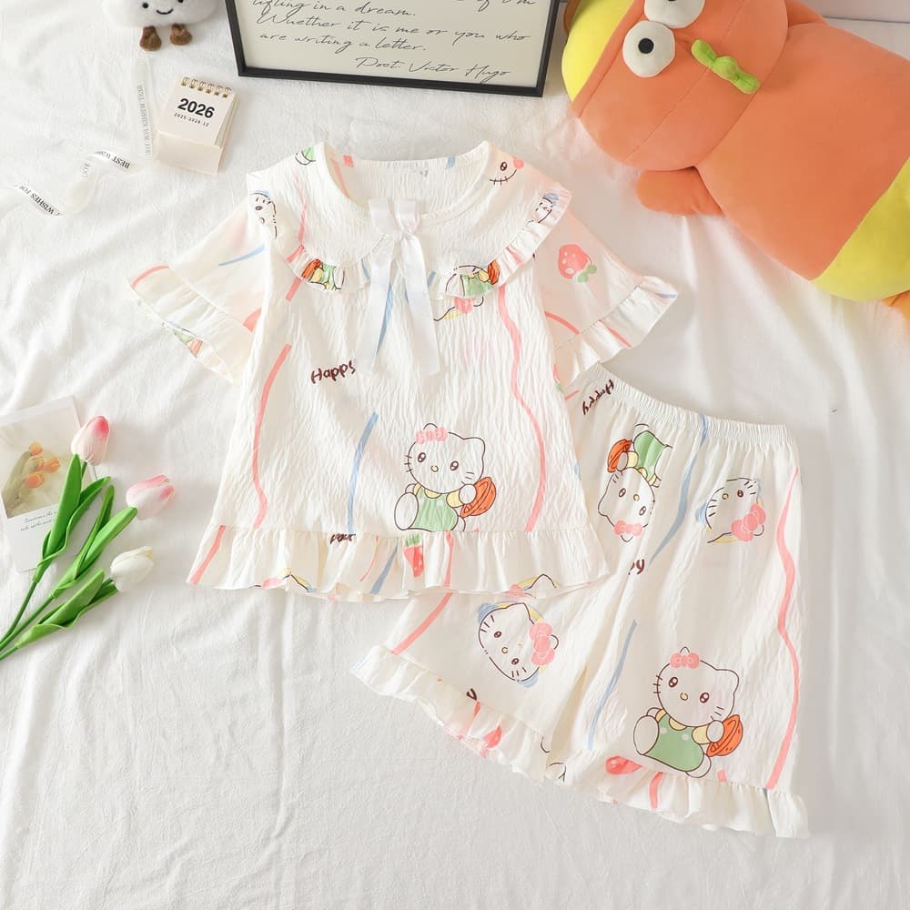 Girls' Summer Pajamas Short Sleeve Lace Thin Style 2026 New Kids Girls Summer Set Homewear for Middle and Older Children