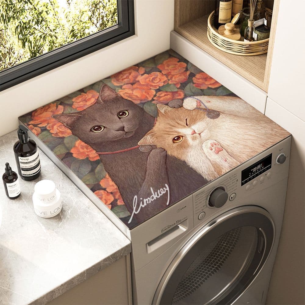 Diatom Mud Cover for Top-Loading Washing Machine, Cat Painting, Double-Door Refrigerator Sunshade Dust Cover, Bedside Table Mat