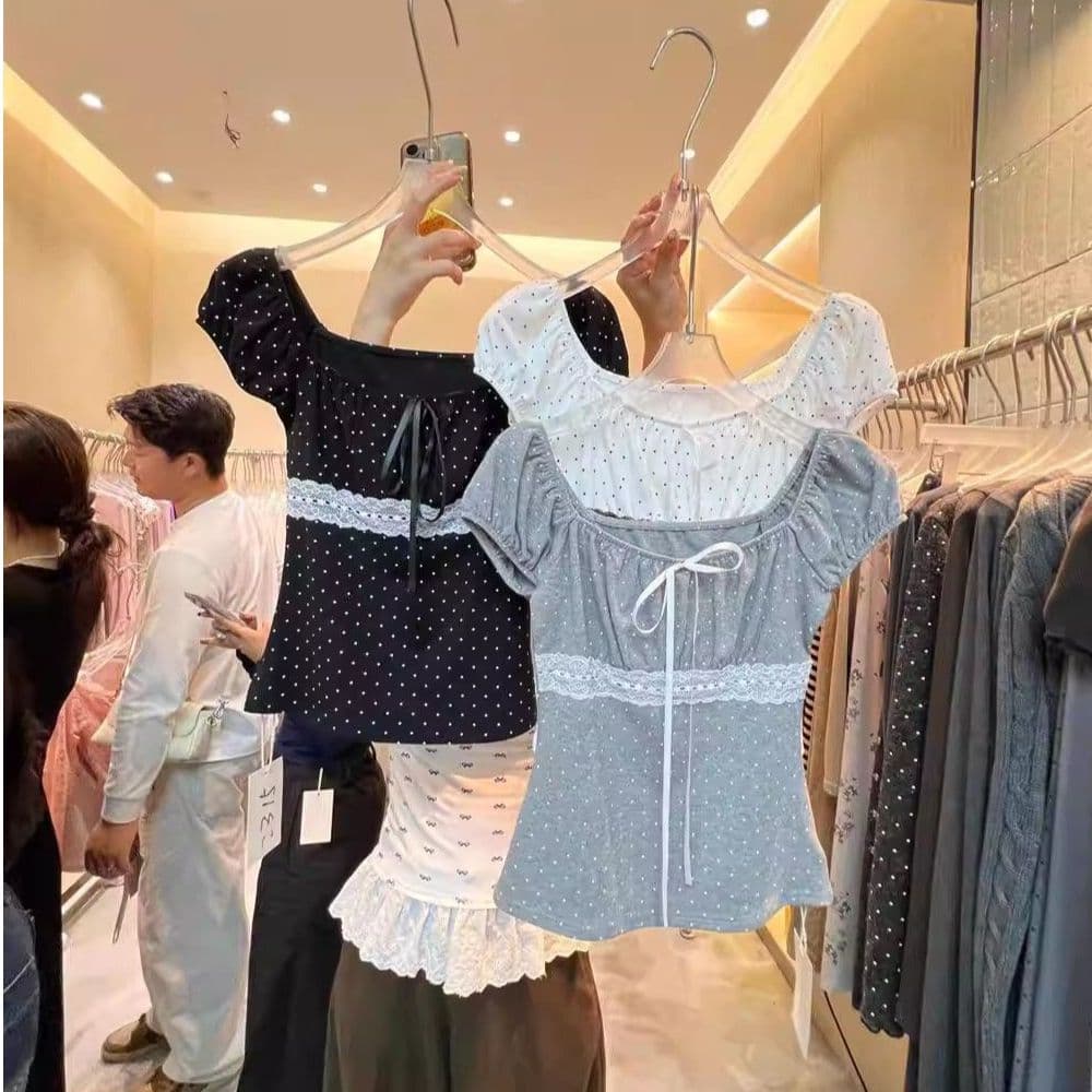 Korean-style Lace Trim Polka Dot Puff Sleeve T-Shirt for Women 2026 Summer Fashion Waist-Slimming Youthful Top