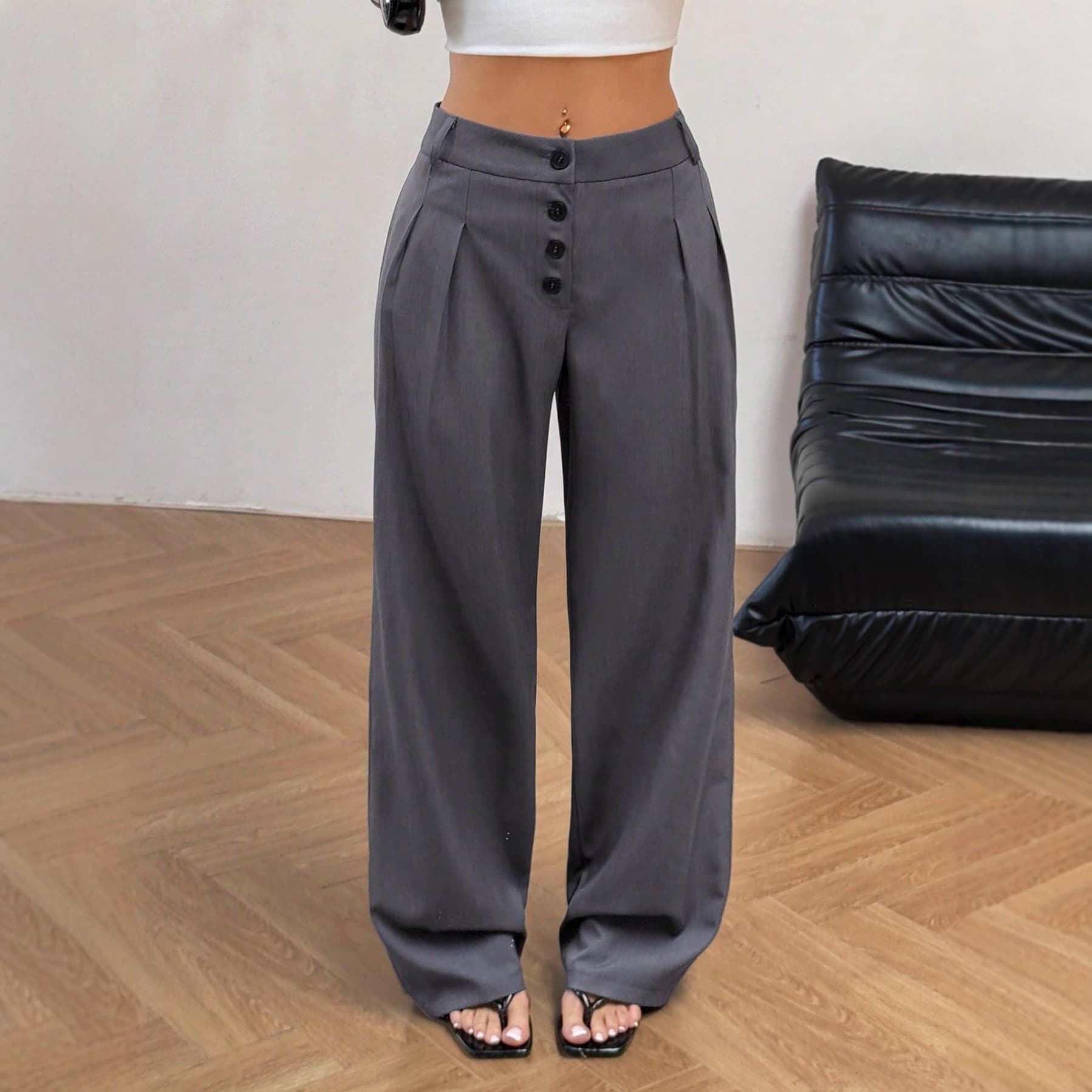 European and American cross-border women's clothing, American retro design, buttoned casual trousers, women's commuter style draped wide-leg pants, trousers for women