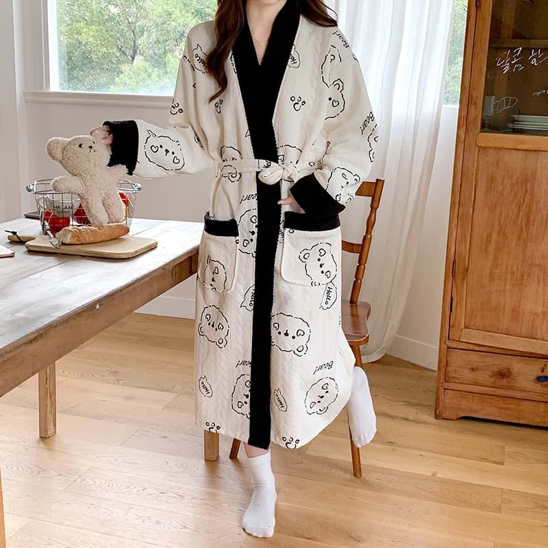 Autumn and Winter Sweet Long-Sleeved Thick Mid-Length Bathrobe Warm Ins-Style Air Cotton Layered Cardigan Home Wear for Women